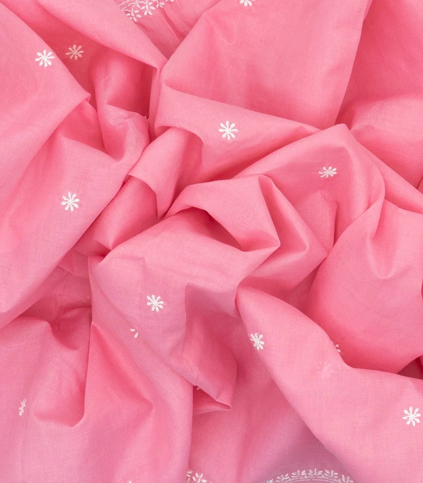 Bubble gum Pink Chikankari Embroidered Cotton Saree With Floral Motifs