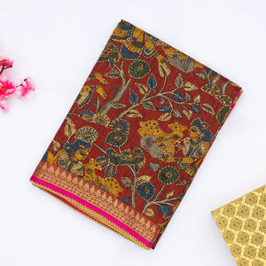 Maroon Handloom Tussar Silk Saree With Printed & Embroidered Motifs