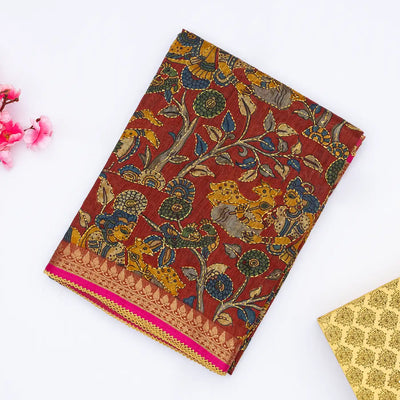 Maroon Handloom Tussar Silk Saree With Printed & Embroidered Motifs