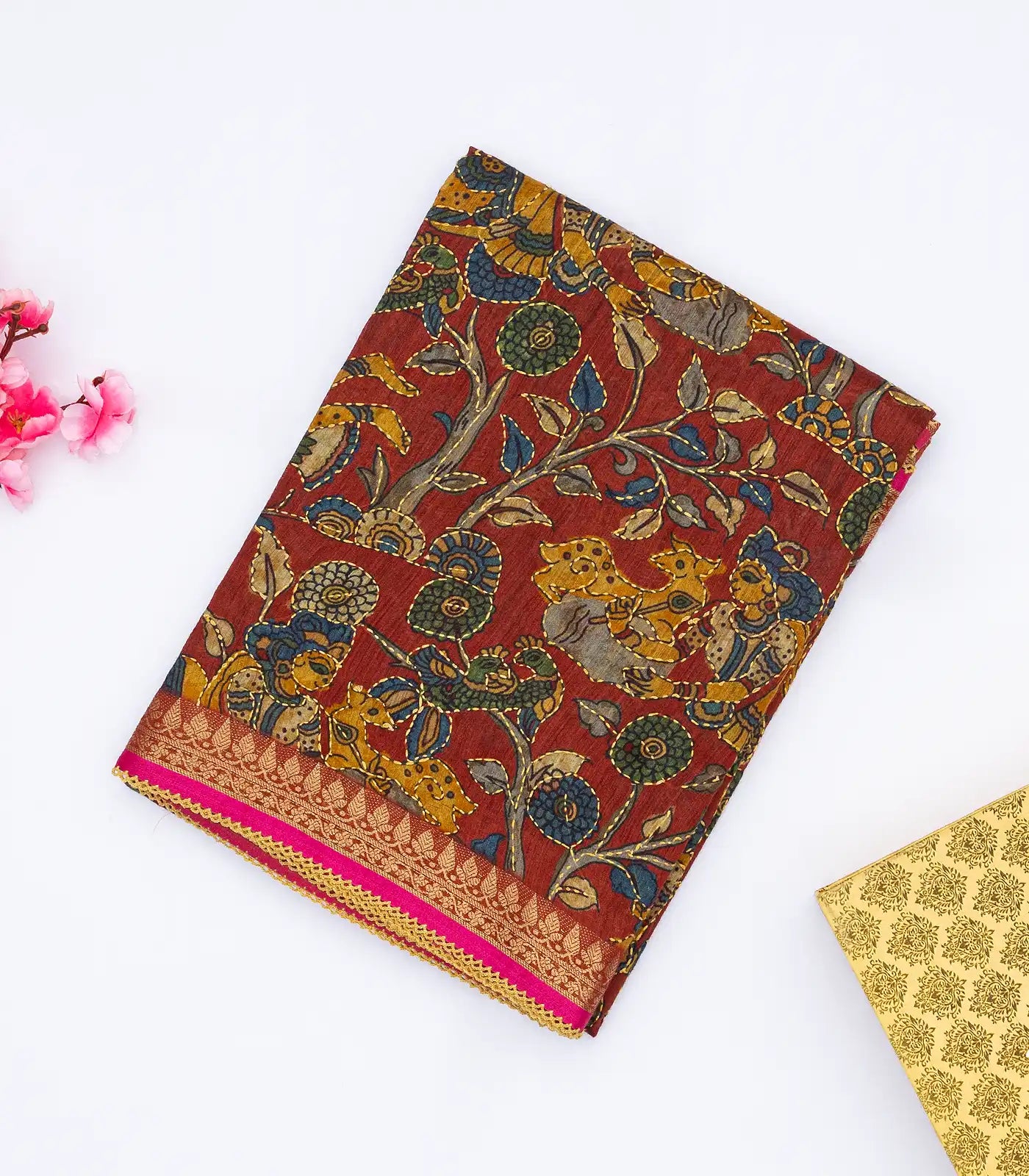 Maroon Handloom Tussar Silk Saree With Printed & Embroidered Motifs