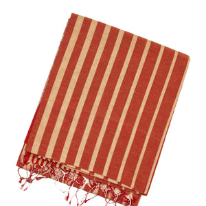 Rust Handloom Bengal Cotton Saree With Beige Stripes