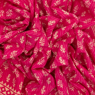 Pink Woven Jaipur Cotton Saree With Printed Beige Floral Motifs