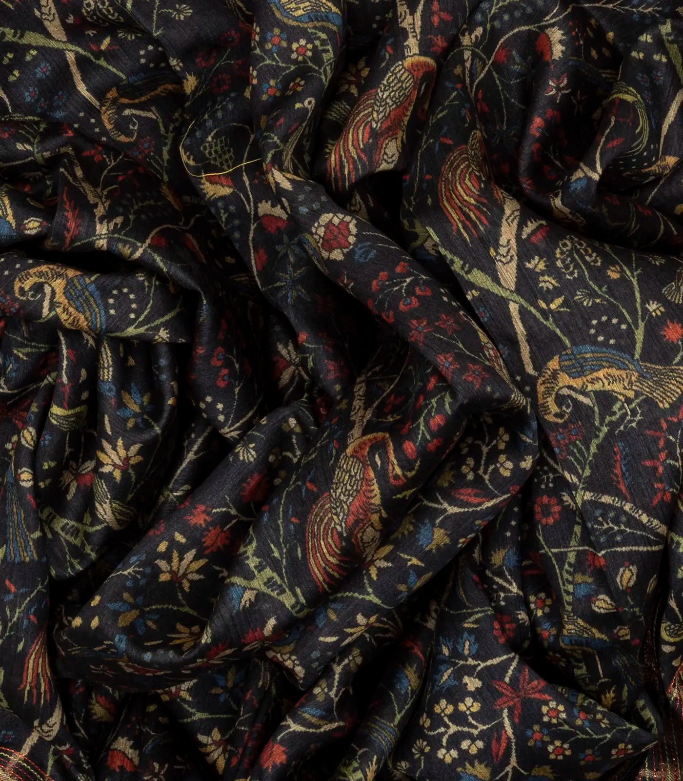 Black Handloom Tussar Silk Saree With Printed With Bird Motifs