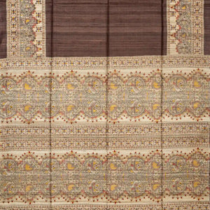 Dark Brown Handloom Tussar Silk Saree With Printed Fish Motifs