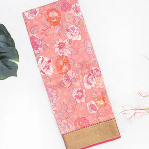 Baby Pink Woven Chiniya Silk Saree Digital Printed With Floral Motifs