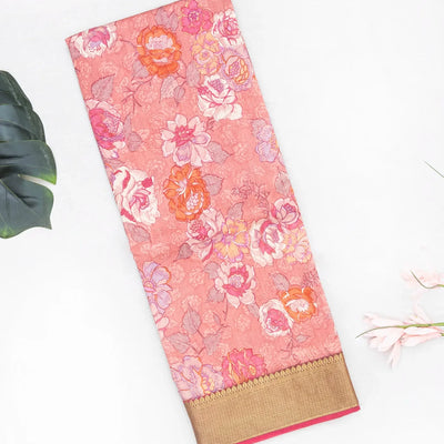 Baby Pink Woven Chiniya Silk Saree Digital Printed With Floral Motifs