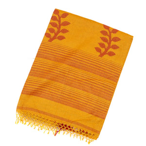 Mustard Handloom Bengal Cotton Saree With Stripes & Buttas