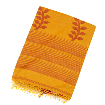 Mustard Handloom Bengal Cotton Saree With Stripes & Buttas