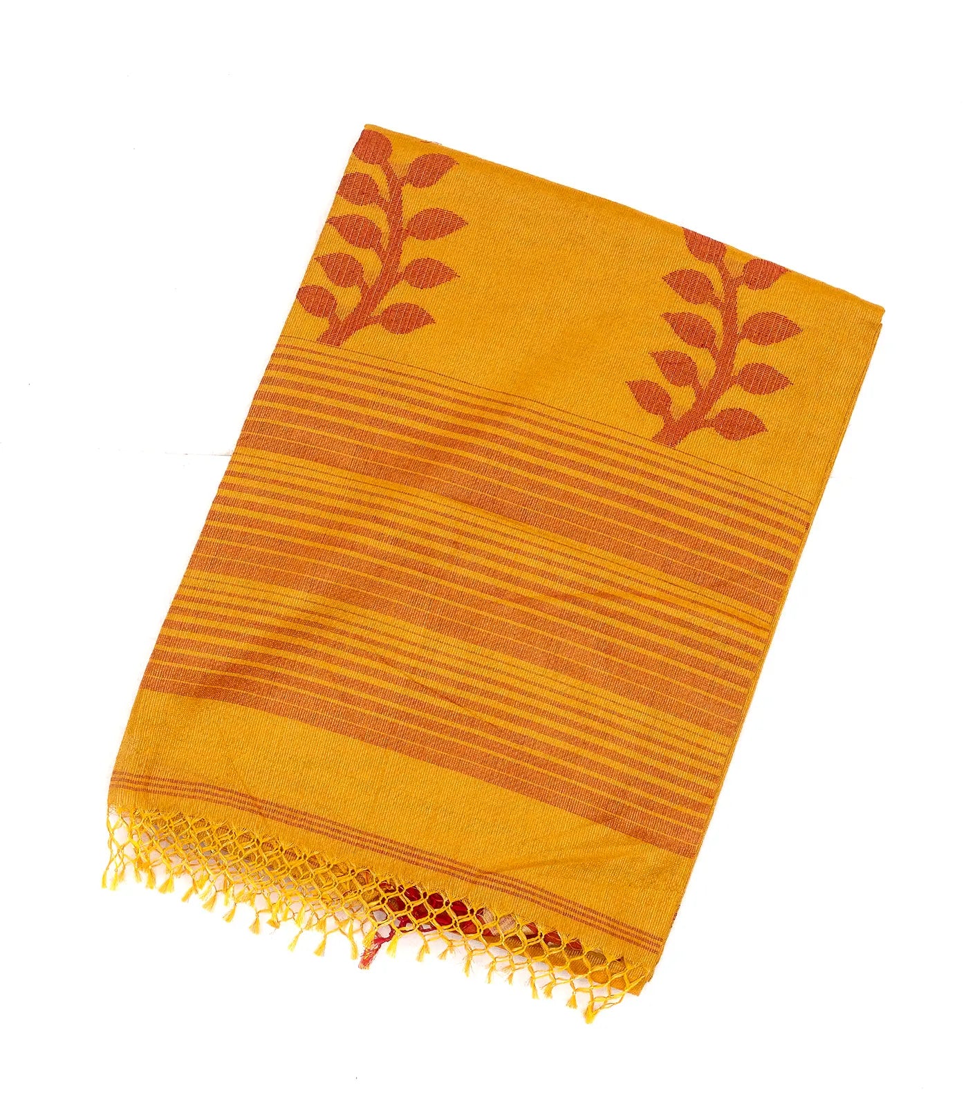 Mustard Handloom Bengal Cotton Saree With Stripes & Buttas
