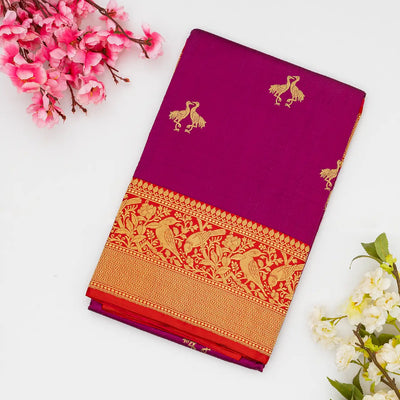 Purple Handloom Banarasi Silk Saree With Bird Buttas
