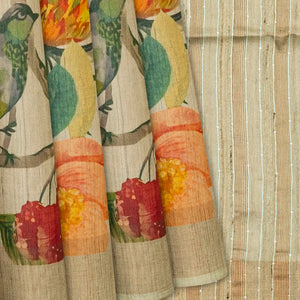 Taupe Handloom Tussar Silk Saree With Printed Bird Motifs-Taupe