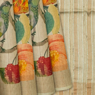 Taupe Handloom Tussar Silk Saree With Printed Bird Motifs-Taupe