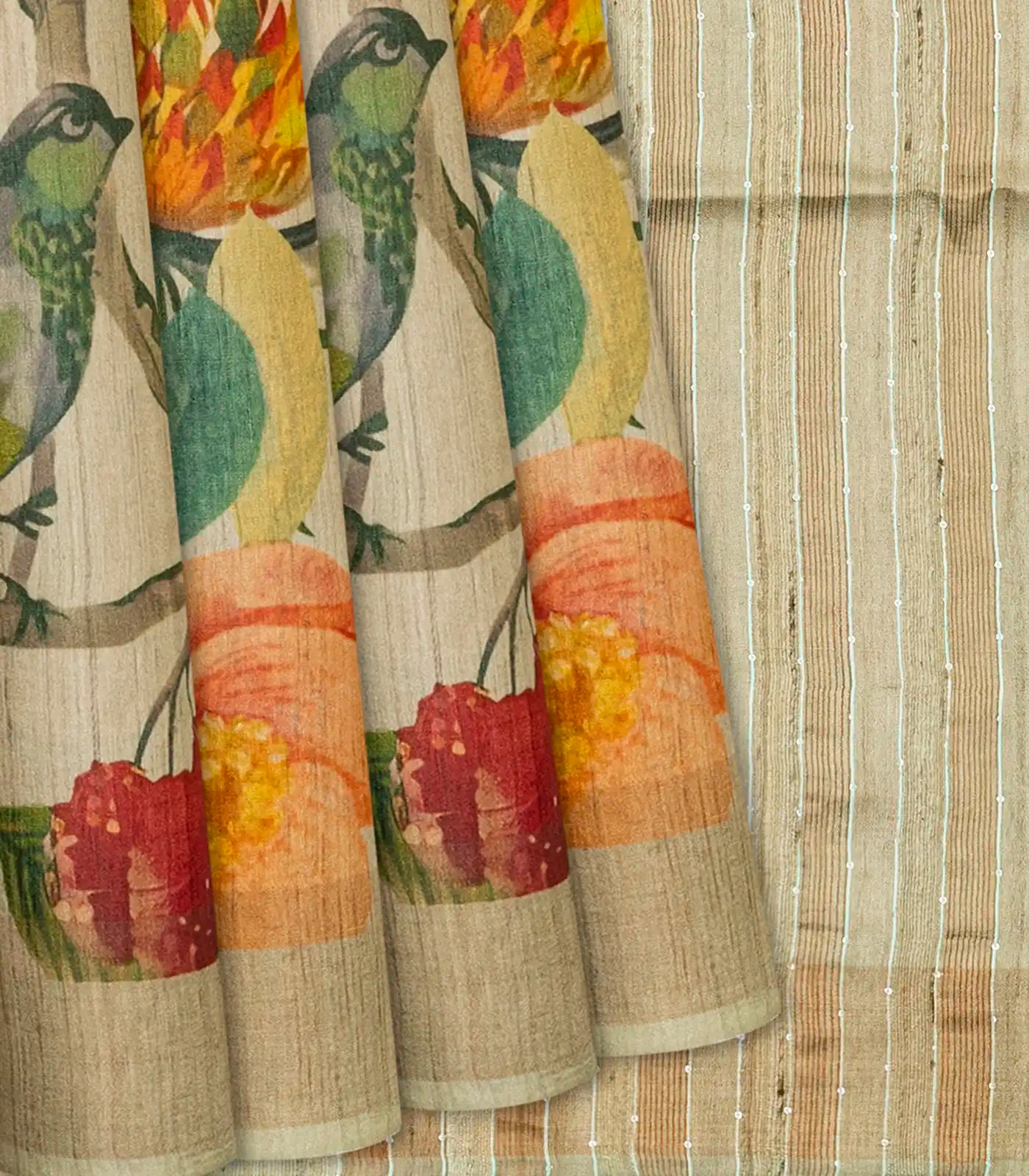 Taupe Handloom Tussar Silk Saree With Printed Bird Motifs-Taupe