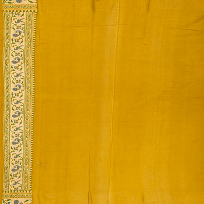 Oil Mustard Handwoven Banarasi Khaddi Georgette Silk Saree With Peacock Motifs