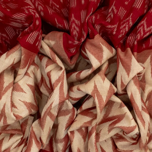 Crimson & Cream Handloom Orissa Cotton Saree With Tie and dye Chevron ( Vanki ) Motifs