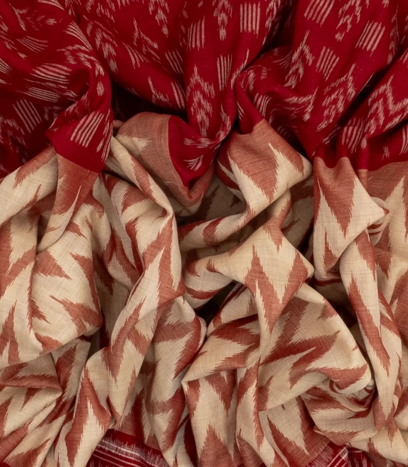 Crimson & Cream Handloom Orissa Cotton Saree With Tie and dye Chevron ( Vanki ) Motifs