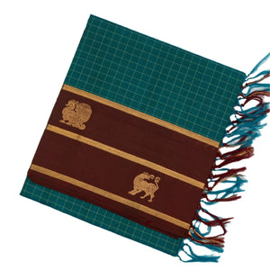 Cyan Handloom Silk Cotton Saree With Checks & Maroon Border
