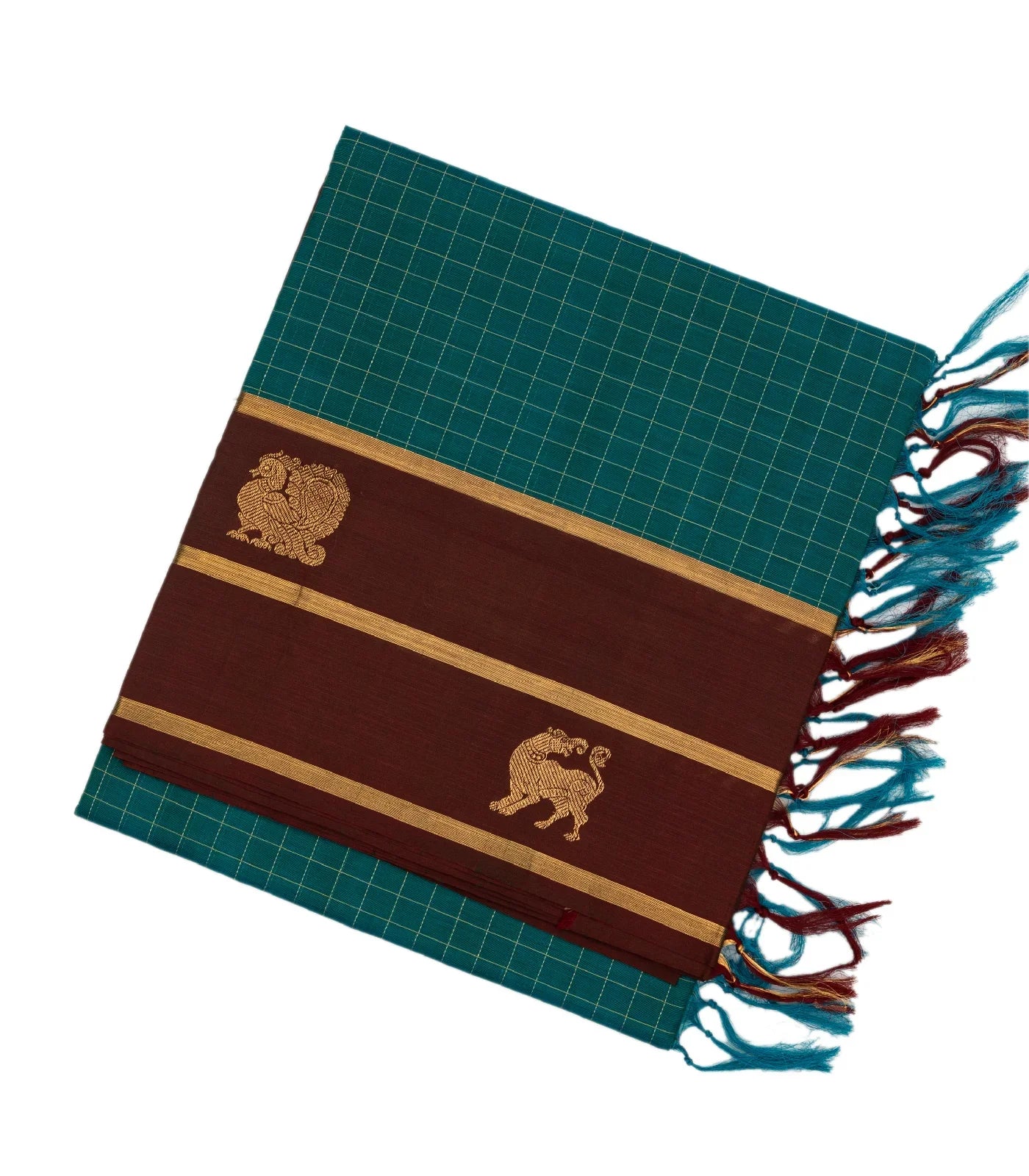 Cyan Handloom Silk Cotton Saree With Checks & Maroon Border