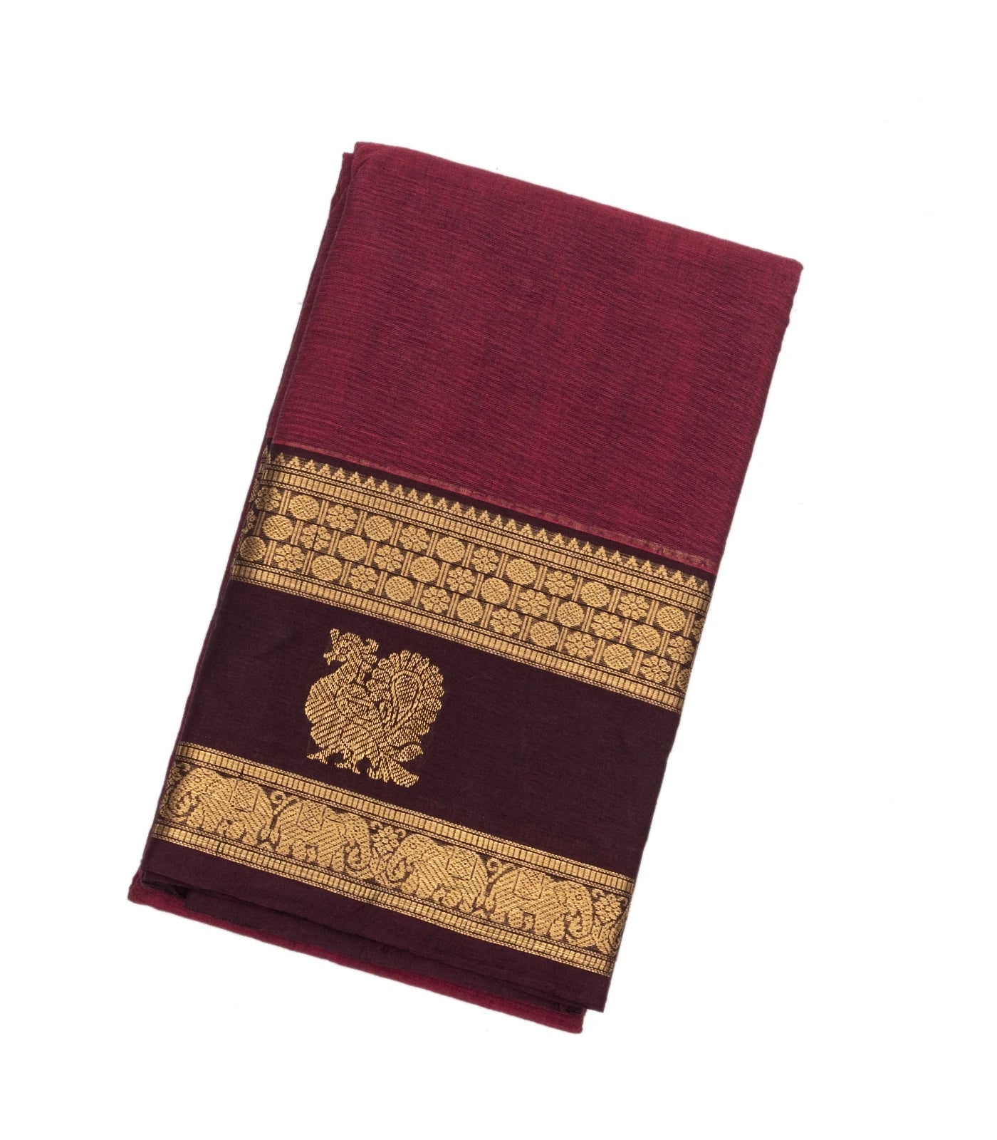 Burgundy Handloom Kanchi Cotton Saree With Horse Buttas