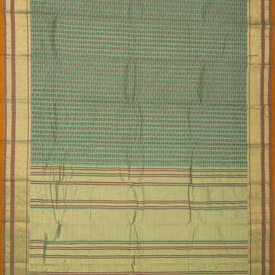 Shadow Green Handloom Kanchi Cotton Saree With Checks & Diamond Motifs