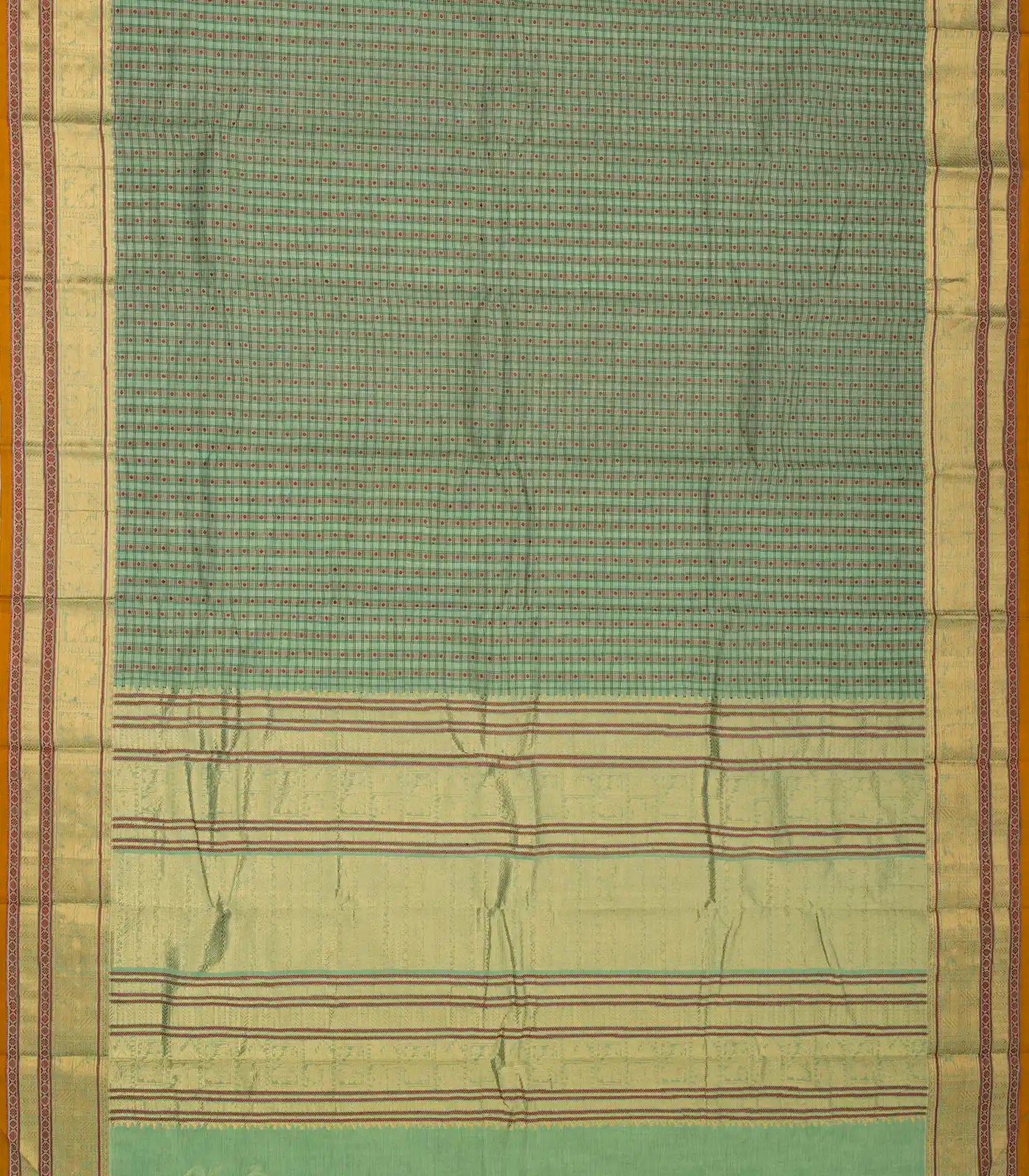 Shadow Green Handloom Kanchi Cotton Saree With Checks & Diamond Motifs