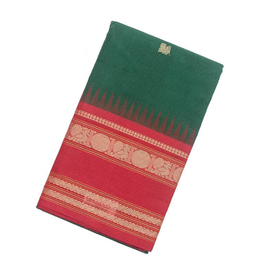 Dark Green Handloom Korvai Kanchi Cotton Saree With Annam Buttas