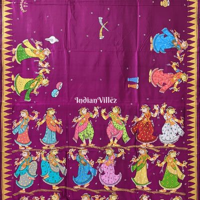 Purple Dandiya Raas Theme Hand-painted Pattachitra Saree