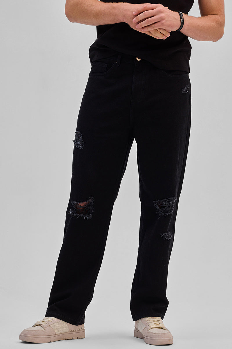 Black Distressed Loose Fit Jeans