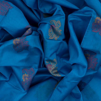 Blue Handloom Kora Silk Cotton Saree And Mustard Pallu