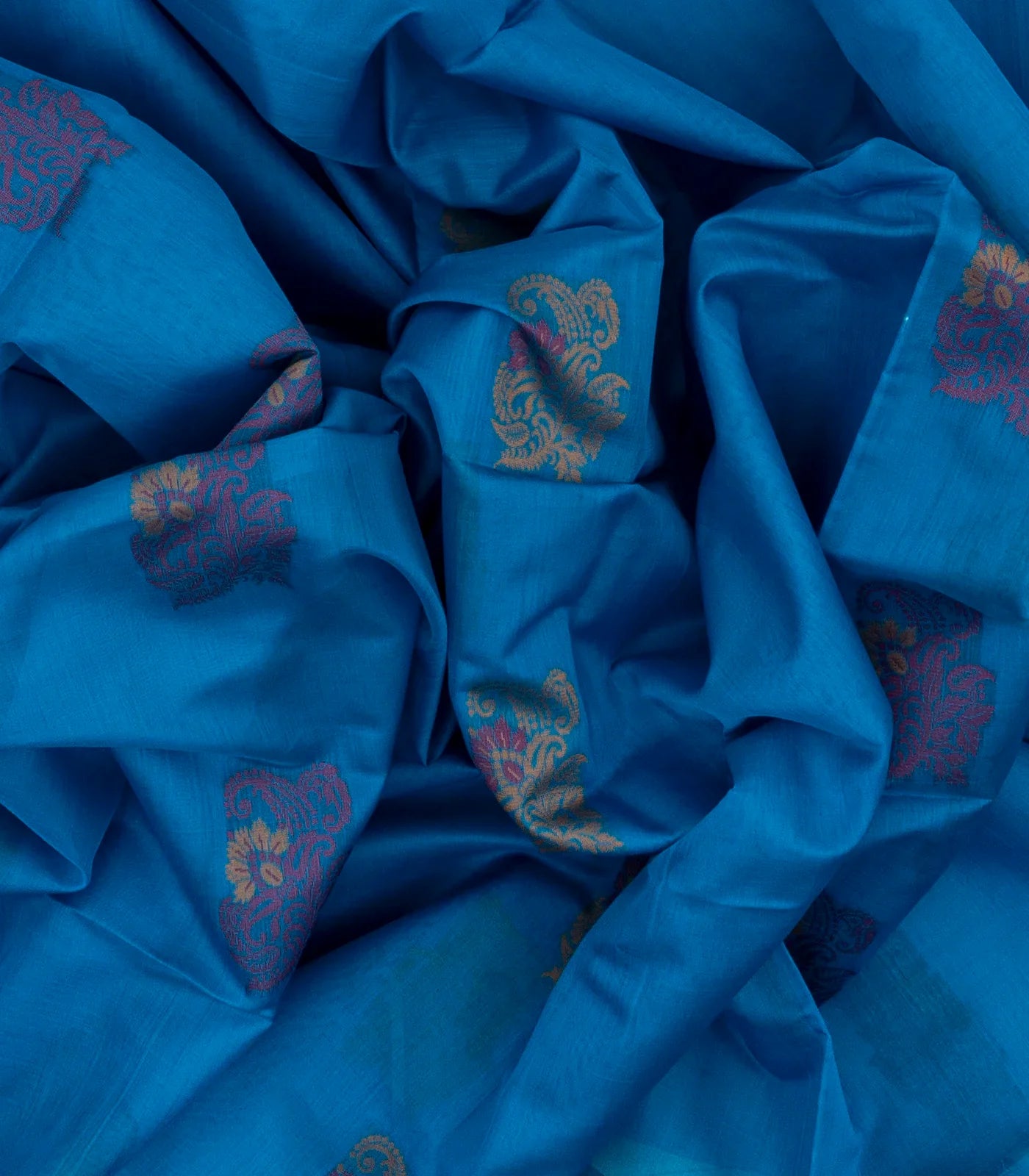 Blue Handloom Kora Silk Cotton Saree And Mustard Pallu