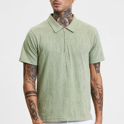 Light Green Self-Design Zipper Polo T-Shirt