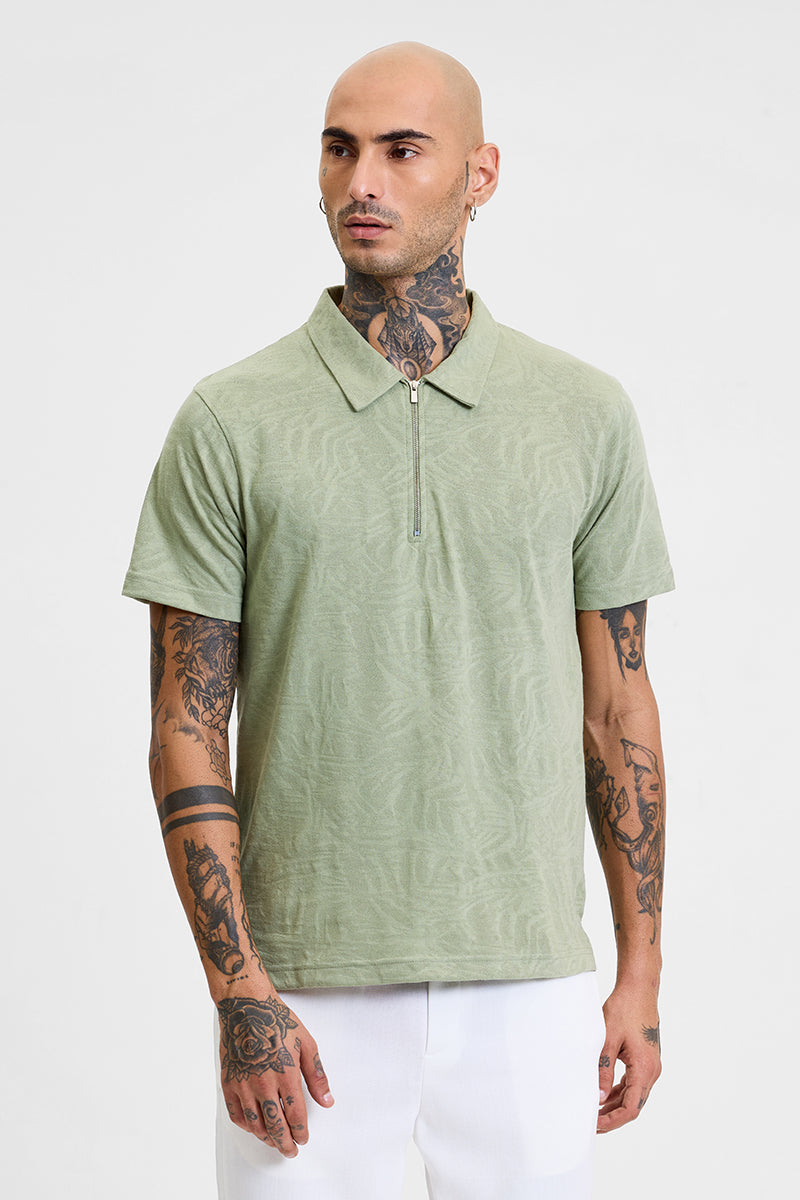 Light Green Self-Design Zipper Polo T-Shirt