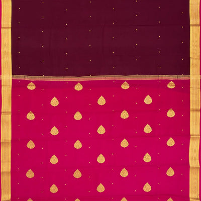 Maroon Mysore Crepe Silk Saree With Coin Buttas & Pink Zari Border