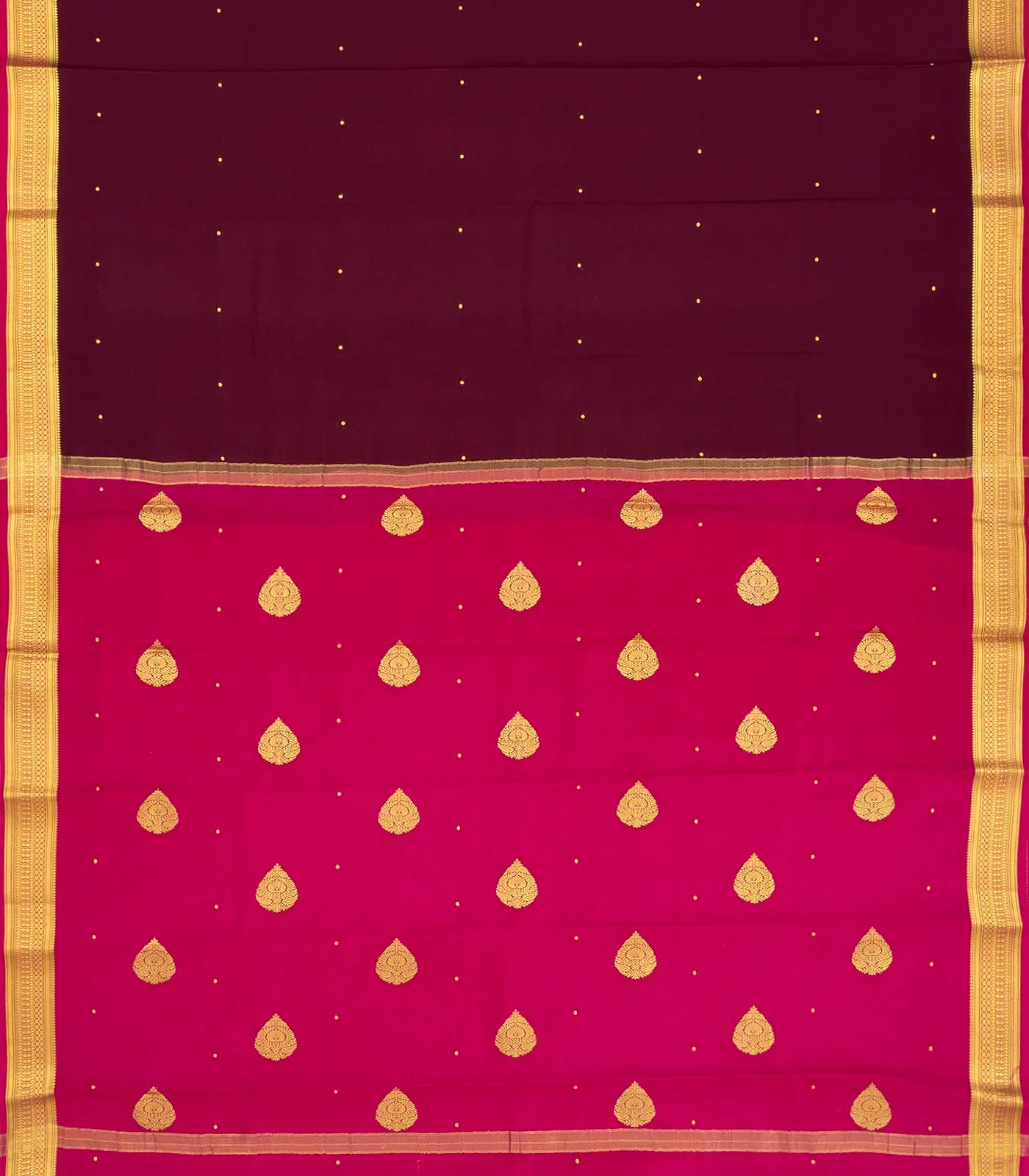 Maroon Mysore Crepe Silk Saree With Coin Buttas & Pink Zari Border