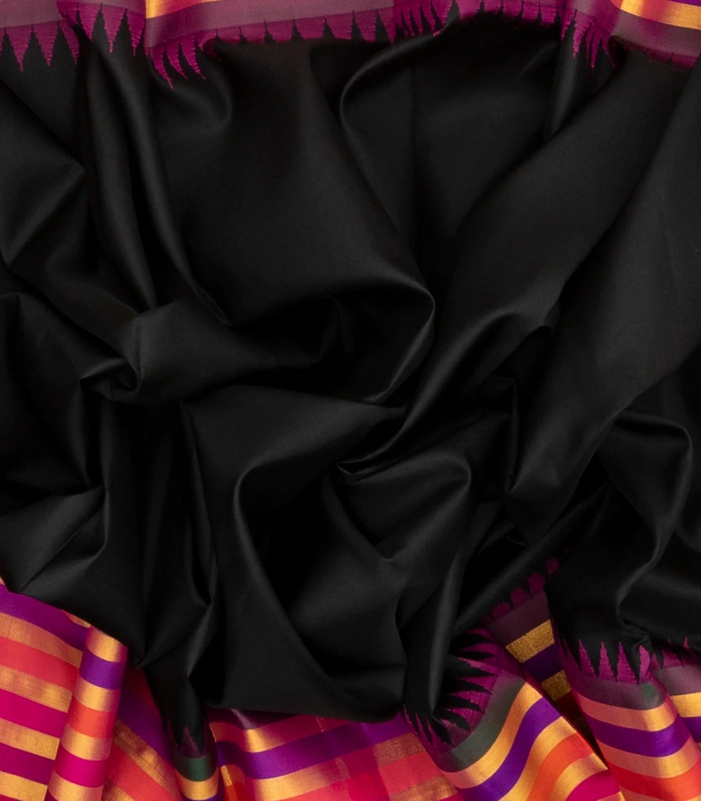 Black Handloom Kanchipuram Korvai Silk Saree With Multi Stripe Border
