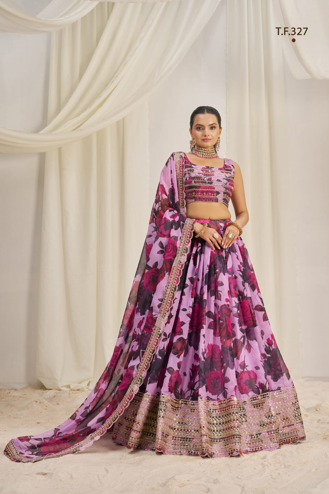 Baby Pink Printed Organza Semi-Stitch Lehenga Choli with Zari, Dori, and Sequins Work