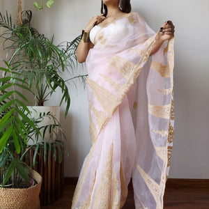 Baby Pink Semi-Pure Organza Saree with Exquisite Lucknowi Work & Matching Blouse