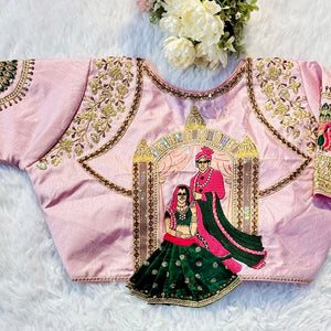 Baby Pink Wedding Wear Blouse in Raspberry Silk with Exquisite Embroidery and Sequins