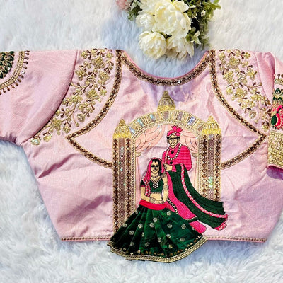 Baby Pink Wedding Wear Blouse in Raspberry Silk with Exquisite Embroidery and Sequins