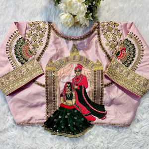 Baby Pink Wedding Wear Blouse in Raspberry Silk with Exquisite Embroidery and Sequins