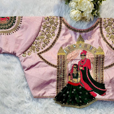 Baby Pink Wedding Wear Blouse in Raspberry Silk with Exquisite Embroidery and Sequins