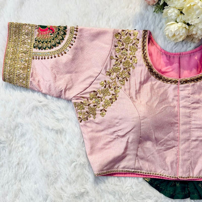 Baby Pink Wedding Wear Blouse in Raspberry Silk with Exquisite Embroidery and Sequins