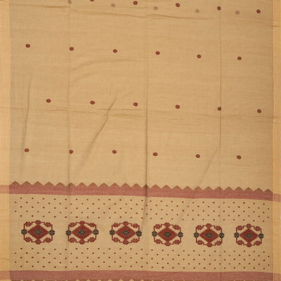 Beige Handloom Bengal Cotton Saree With Kamalam Buttas