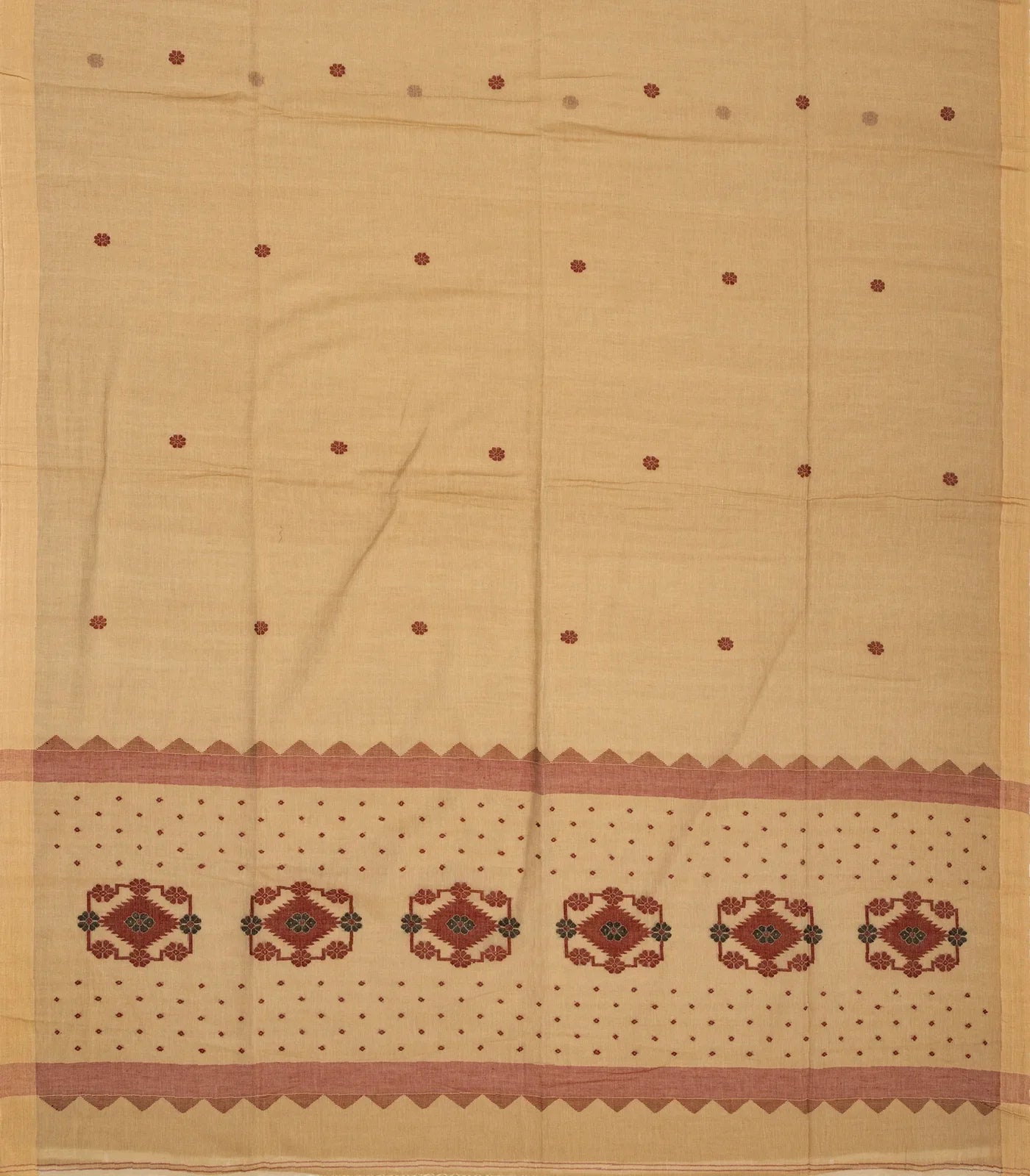 Beige Handloom Bengal Cotton Saree With Kamalam Buttas