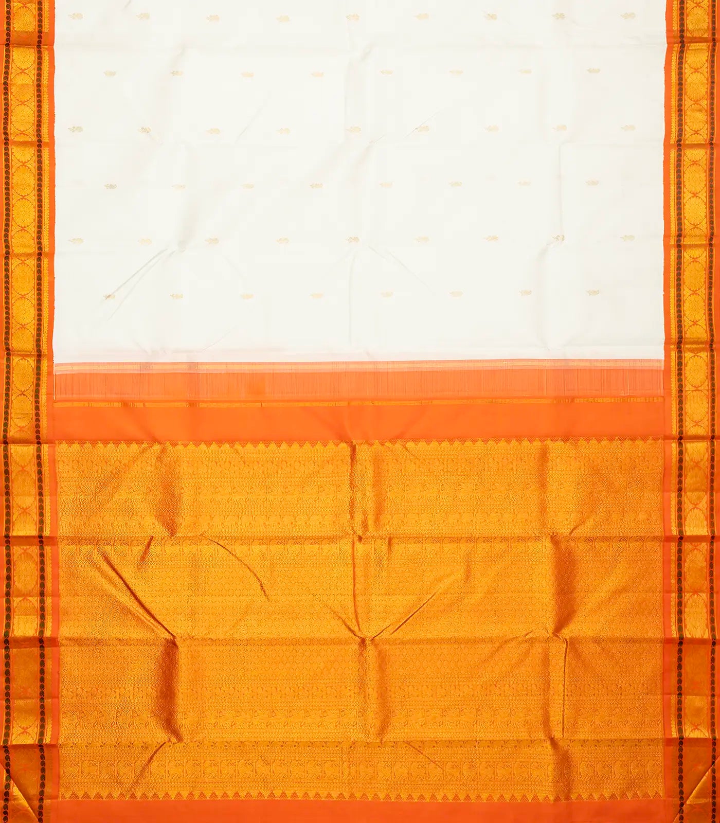White Handloom Kanchipuram Korvai Silk Saree With Mango Buttas