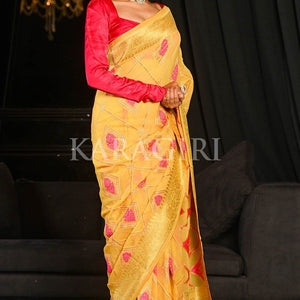 Saffron Yellow Khaddi Georgette Banarasi Saree