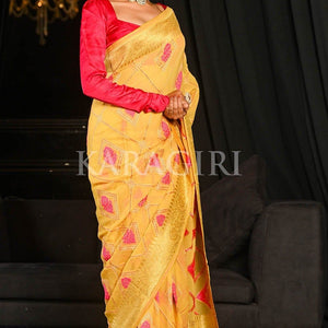 Saffron Yellow Khaddi Georgette Banarasi Saree