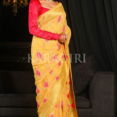 Saffron Yellow Khaddi Georgette Banarasi Saree