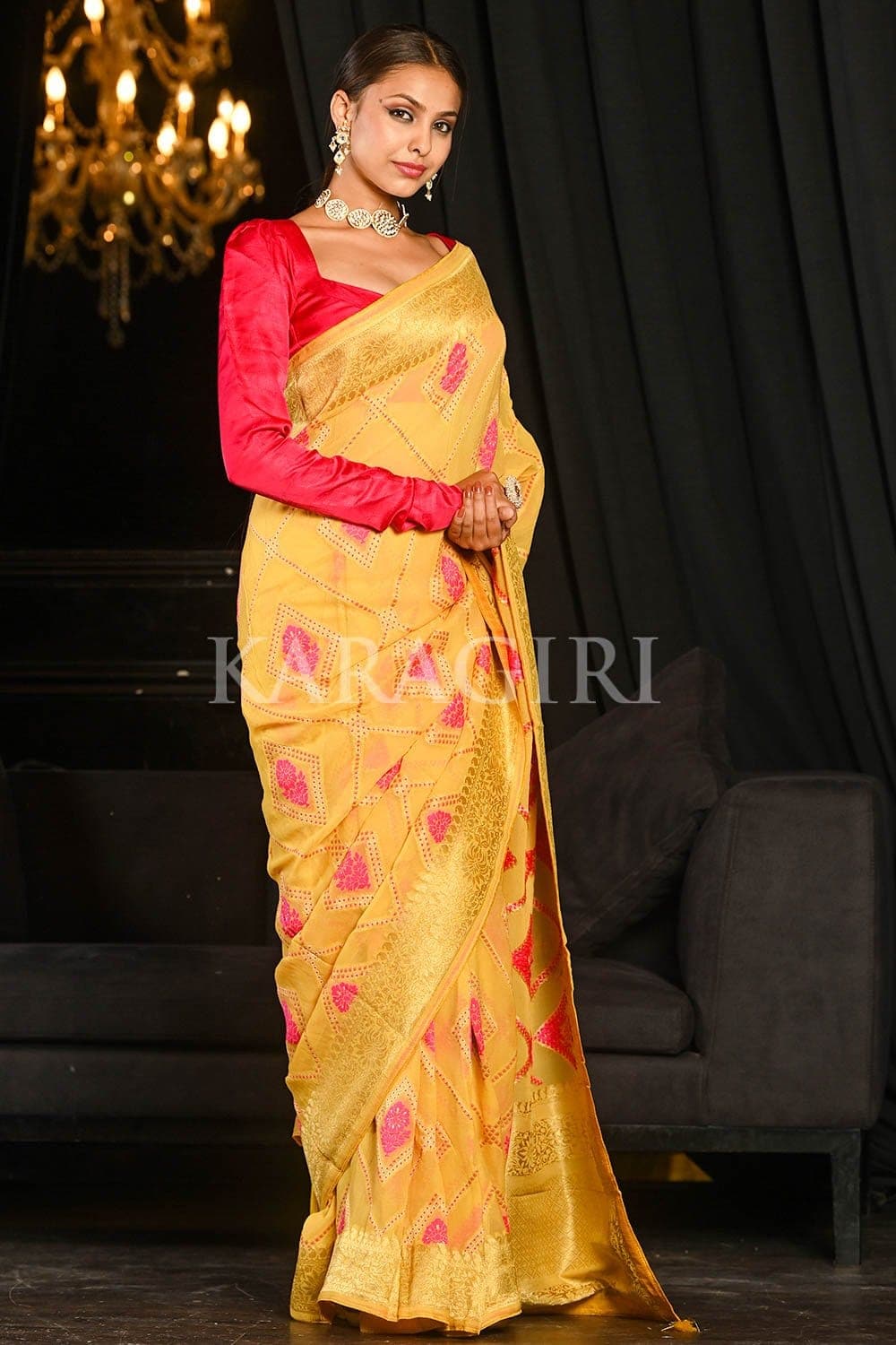 Saffron Yellow Khaddi Georgette Banarasi Saree
