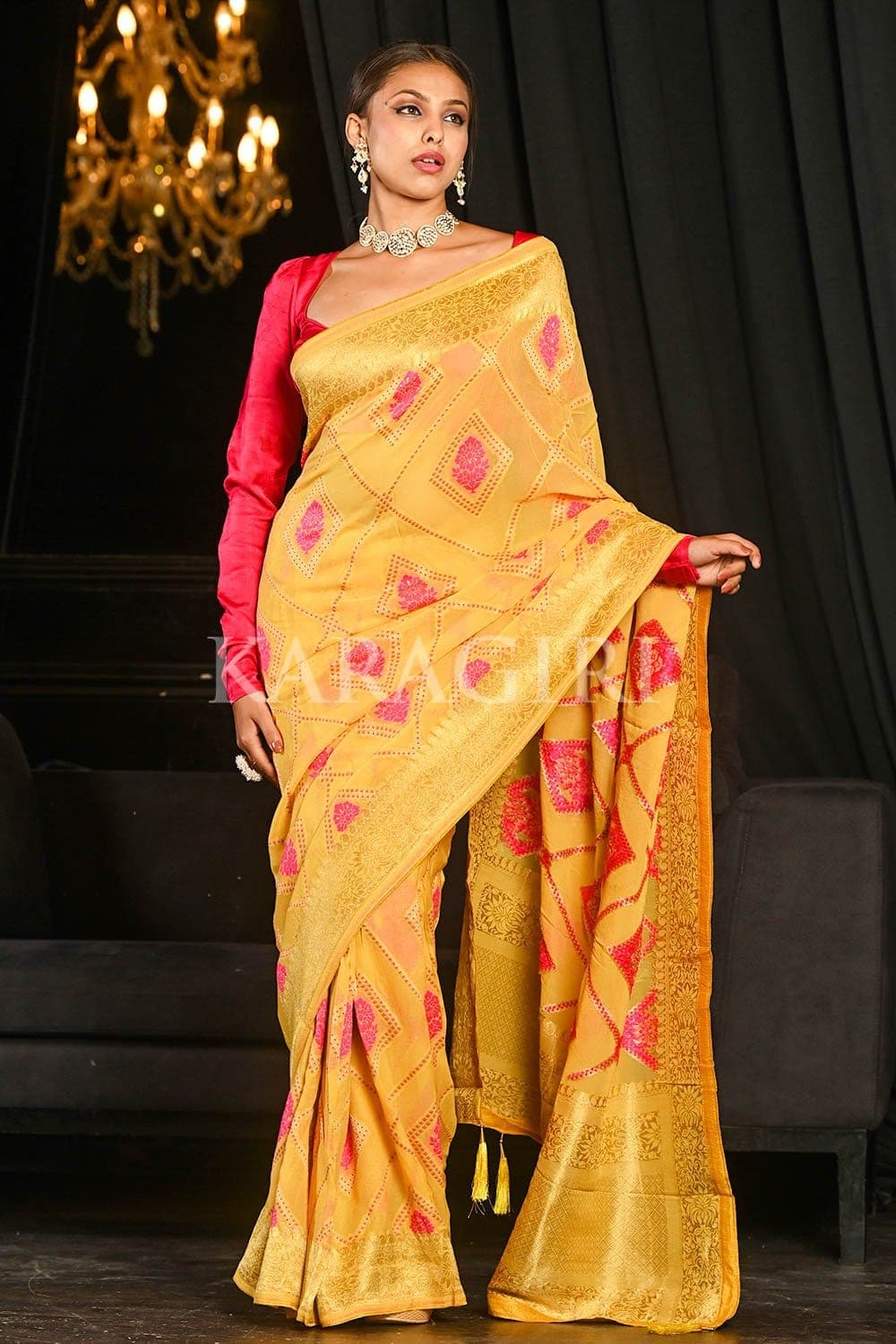 Saffron Yellow Khaddi Georgette Banarasi Saree